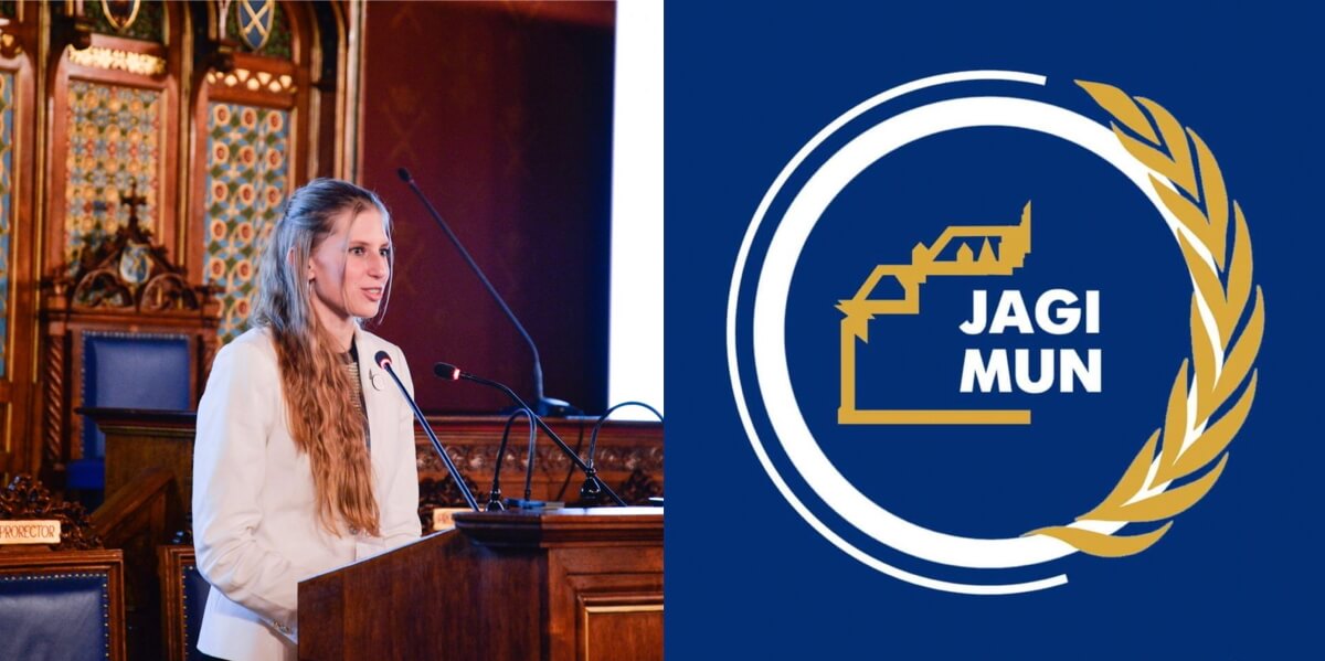 photo of Natalia Szymańska who received a grant in the competition for outstanding students, on the right side logo of jagimun